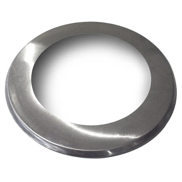 A stainless steel circular adapter plate with a white circular center.