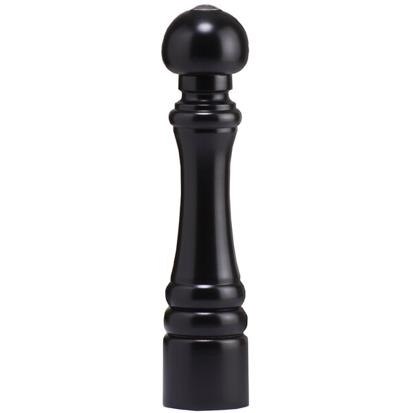 A black pepper shaker with a white ball on top.