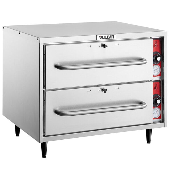 A silver Vulcan freestanding drawer warmer with two drawers.