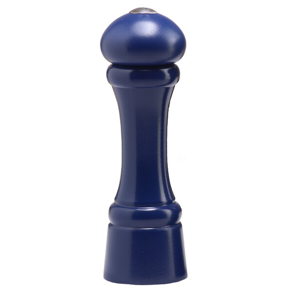 A cobalt blue salt and pepper shaker with a black handle.