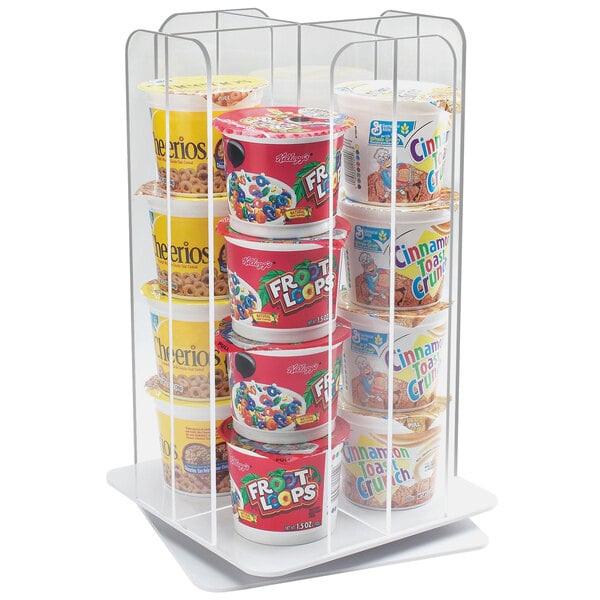 A clear acrylic Cal-Mil cereal cup organizer with 4 sections holding yogurt containers.