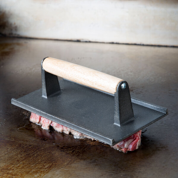 New 4" X 8" Bacon Sausage Press Restaurant Steak Weight Cast Iron Wood Handle 