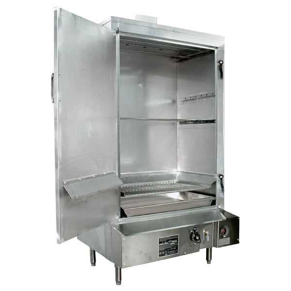 A large stainless steel Town Liquid Propane Smokehouse with the door open.