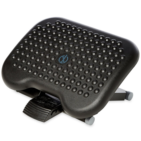 A black Rubbermaid footrest with a blue button.