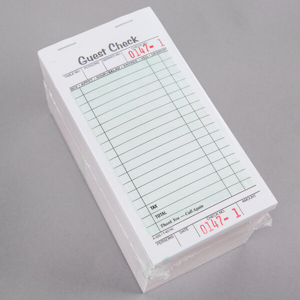 Adams 525SW 1Part White / Green Guest Check Book with Receipt Stub