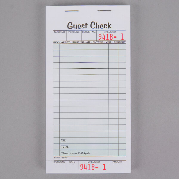 Adams 525SWMT 1Part White / Green Guest Check Book with Receipt Stub