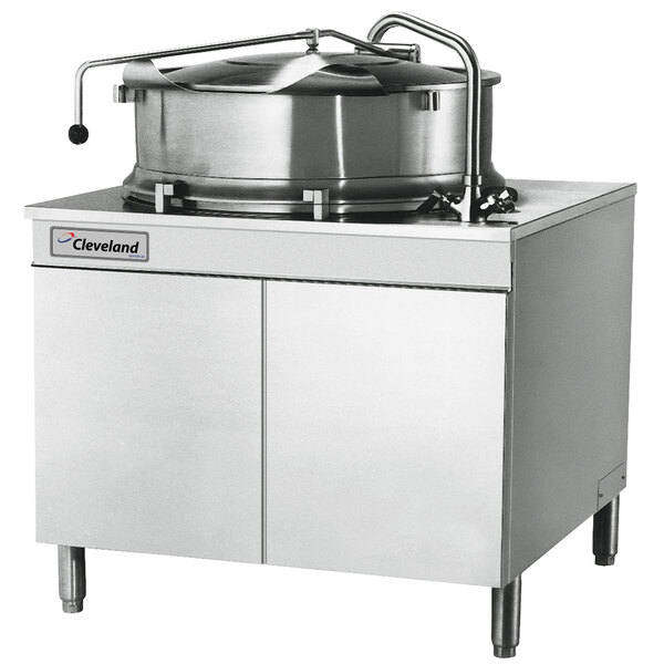 Cleveland KDM-40-T 40 Gallon 2/3 Steam Jacketed Direct Steam Tilting Kettle with Cabinet Base