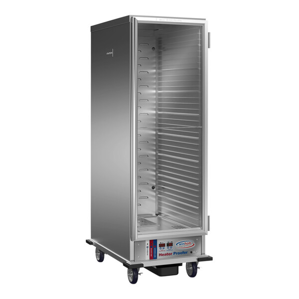 A Winholt stainless steel insulated heater / proofer cabinet with wheels.