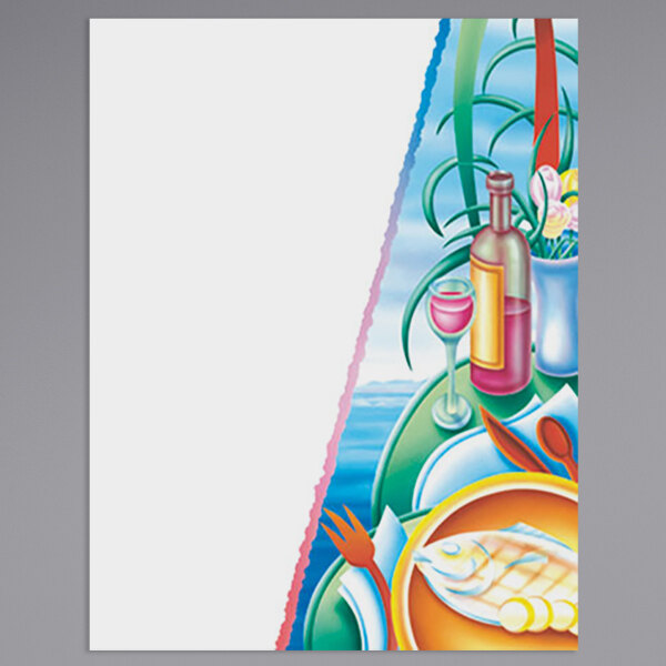 An 8 1/2" x 11" white menu paper cover with a colorful seafood themed wine design.