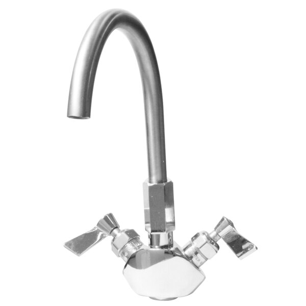 A chrome Cleveland DPKT double faucet with swing spout and bracket.