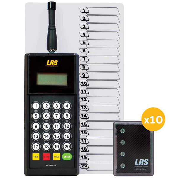 A black rectangular LRS staff transmitter with a black and white keypad.