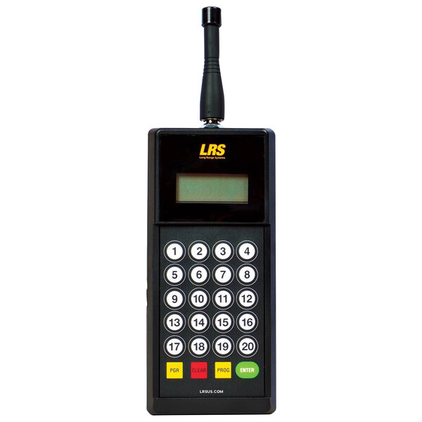 A black LRS staff transmitter with a keypad.