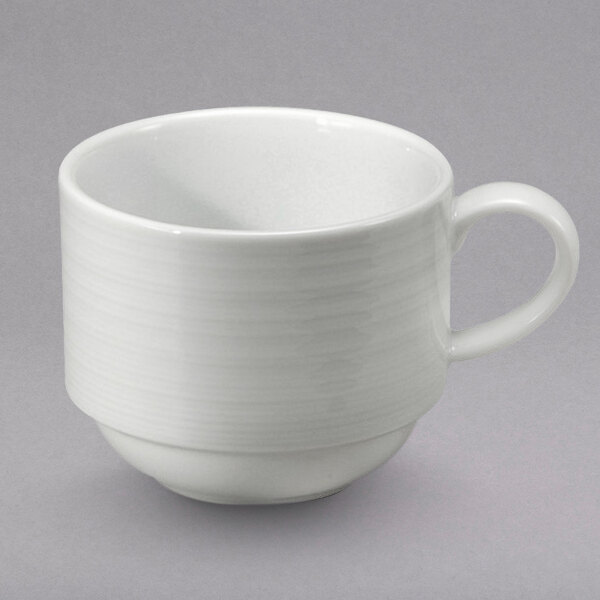 A Oneida bright white porcelain cup with a handle.