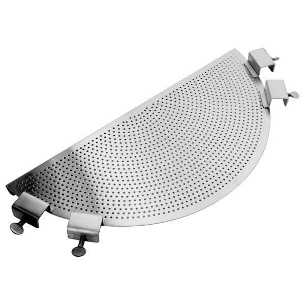 A metal half-circle strainer with holes.
