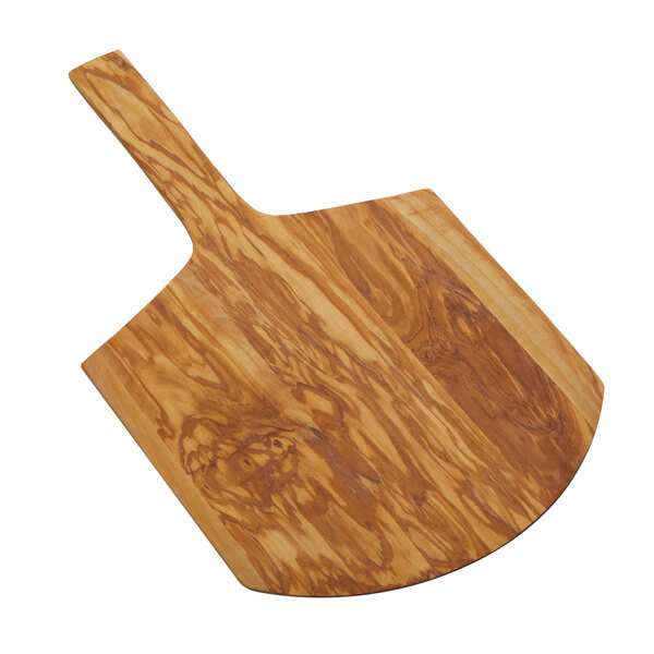An American Metalcraft olive wood serving peel with a handle.