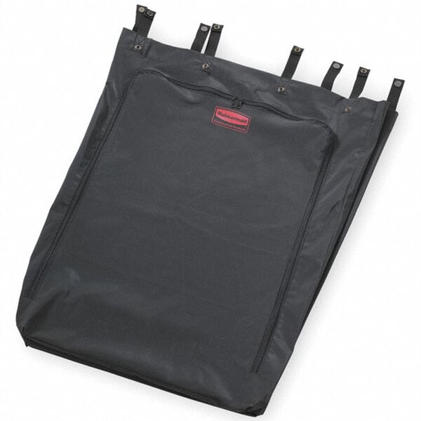 A black Rubbermaid linen bag with straps.