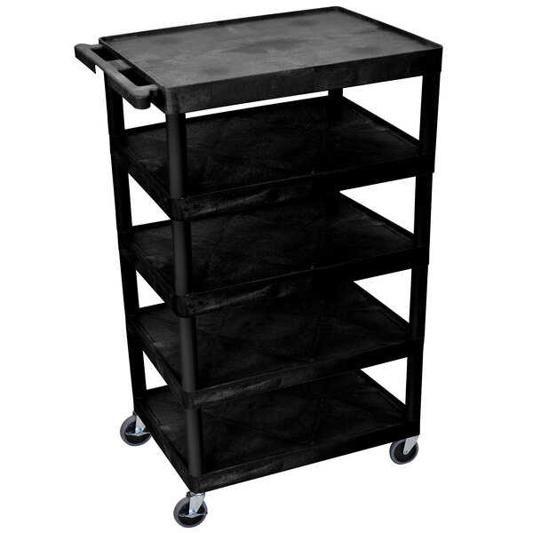 A black Luxor plastic utility cart with five shelves and wheels.