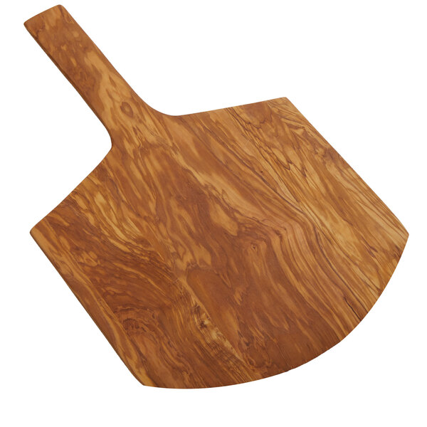 An American Metalcraft olive wood pizza paddle with a handle.
