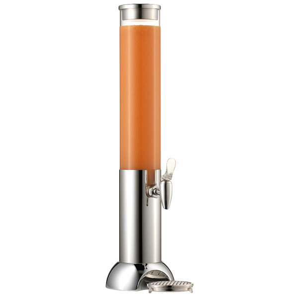 A Frilich acrylic juice dispenser with orange liquid and silver accents.
