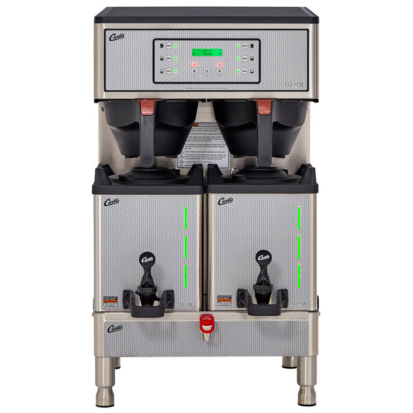 A Curtis Gemini IntelliFresh coffee machine with two servers on top.