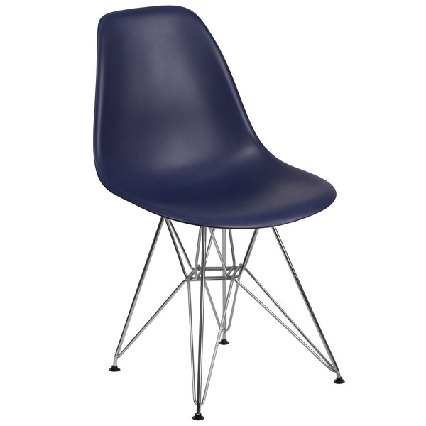 A navy plastic chair with metal legs.