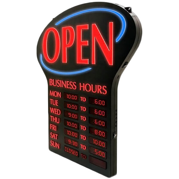 A white digital LED sign with red and blue text that says "Open Business Hours"