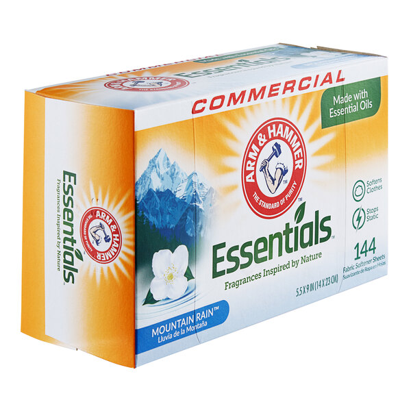 A case of 6 boxes of Arm & Hammer Essentials Mountain Rain dryer sheets.