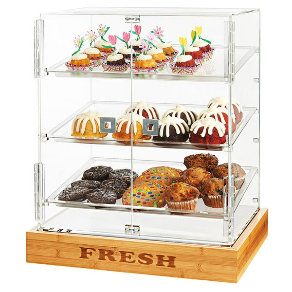 Rosseto BD139 2-Door Acrylic Pastry Cabinet with 3 Frosted Trays and Natural Bamboo Base