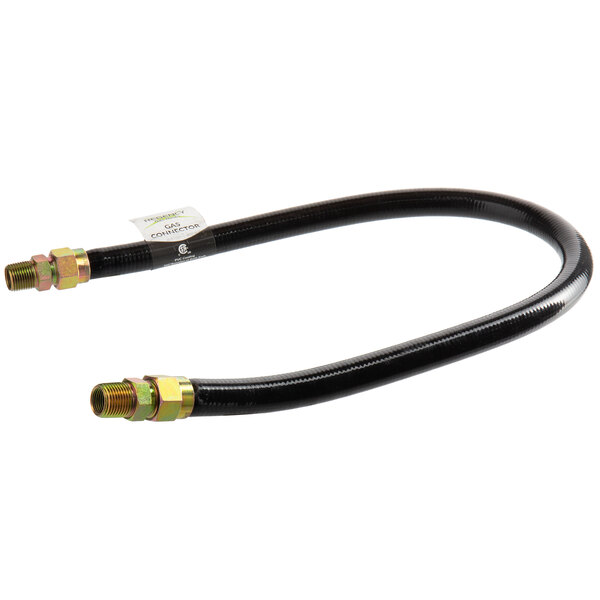 A black flexible hose with a white label and gold cap.
