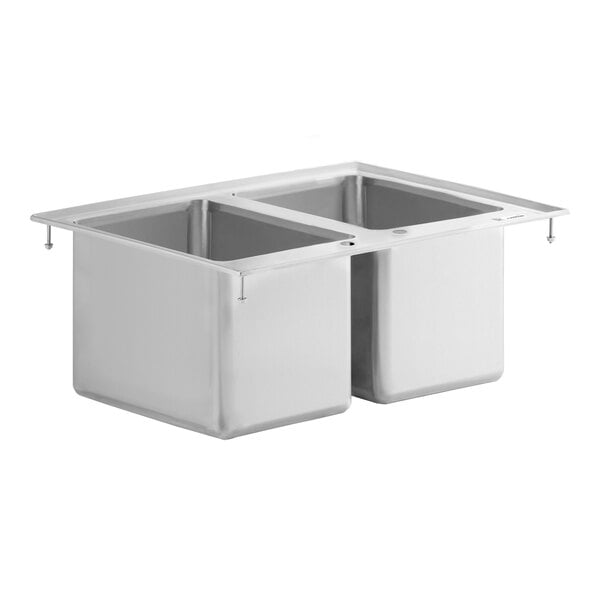 A stainless steel two-compartment sink with a rectangular drop-in design and visible mounting screws at the corners.