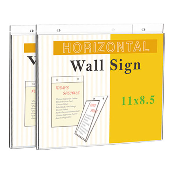 A Universal clear horizontal wall sign holder displaying a yellow and white sign with white letters.