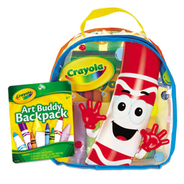 A Crayola art buddy backpack with a cartoon character and a package of crayons.