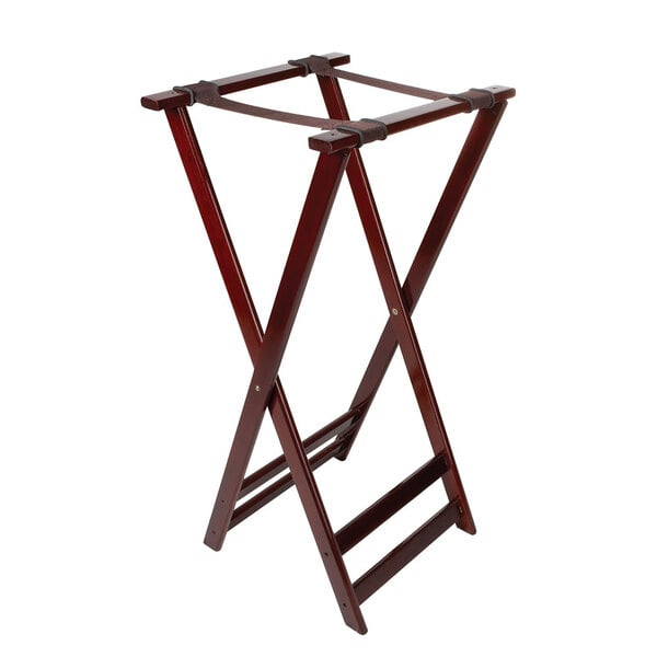 A mahogany wooden folding tray stand with two legs.