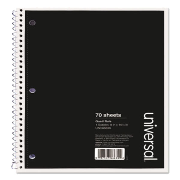 A black Universal wire-bound spiral notebook with white text on the cover.