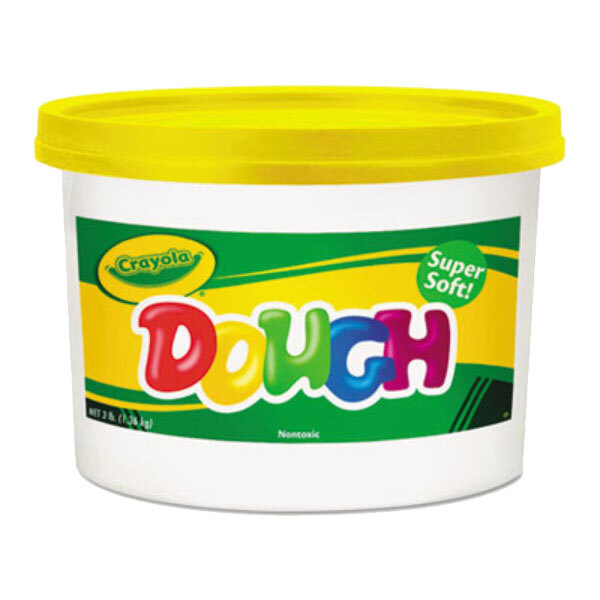 A white plastic tub of yellow Crayola modeling dough with a yellow lid.