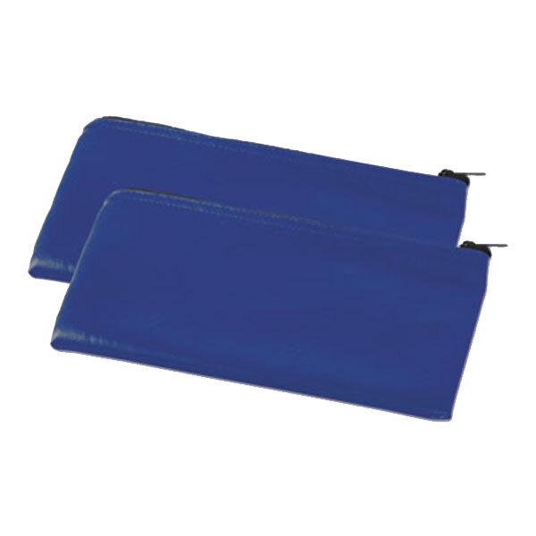 Two blue Universal leatherette zippered bank wallets.