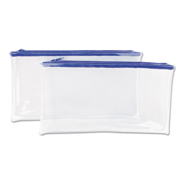 A pair of clear plastic zipper bags with blue trim.