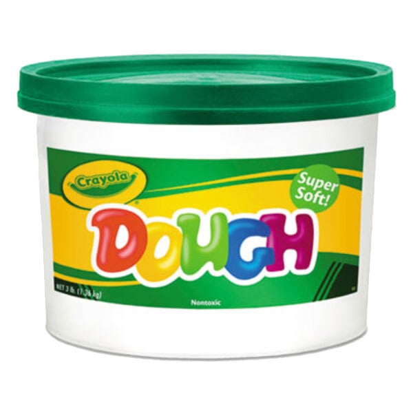 A white plastic tub with a green lid containing Crayola green modeling dough.