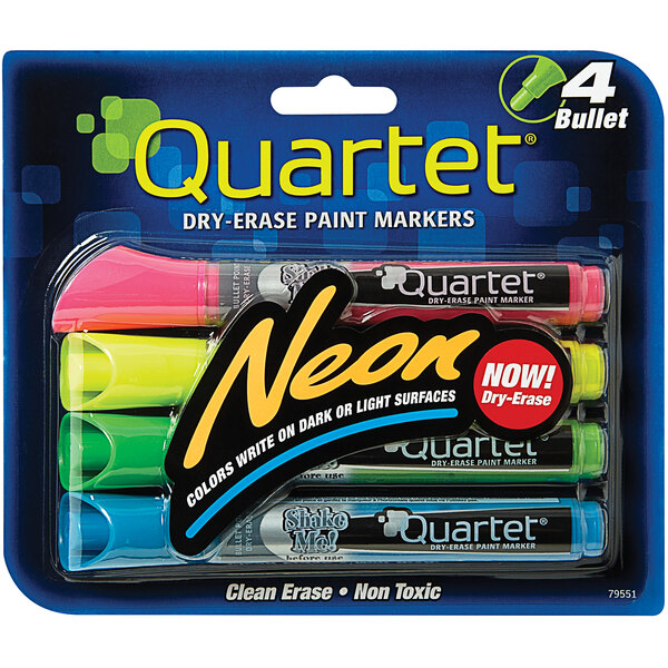 A package of 4 Quartet neon dry erase markers with assorted colors.