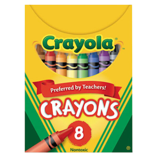 A yellow and green Crayola box of 8 crayons with a close-up of a crayon.