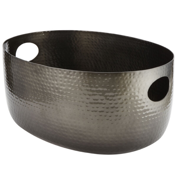 An American Metalcraft black hammered aluminum oval beverage tub with handles.