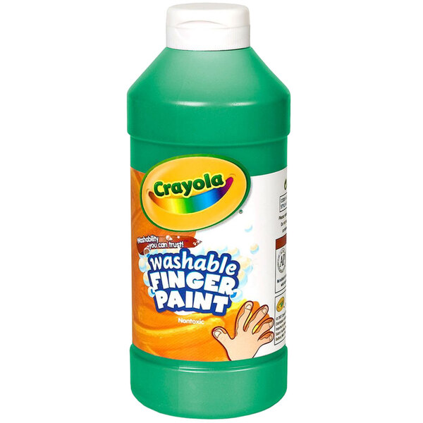 A green bottle of Crayola washable green finger paint with a label.