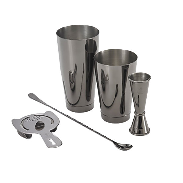 A Barfly gun metal black cocktail kit with a cocktail shaker and spoon.