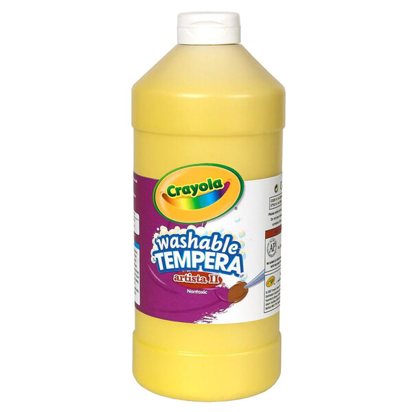 A yellow Crayola container of Artista II Washable Tempera Paint.