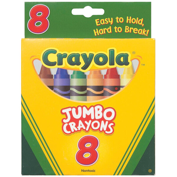 A box of 8 Crayola jumbo crayons with a red label.