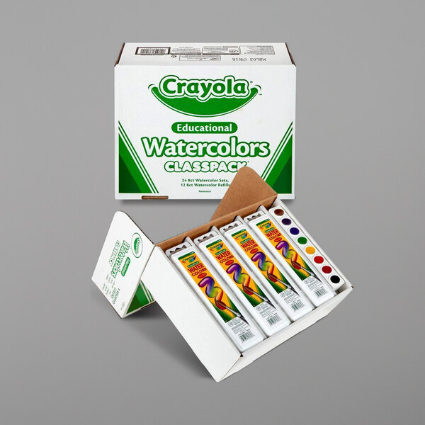 A white Crayola box of 36 assorted watercolor paints with green and white text.