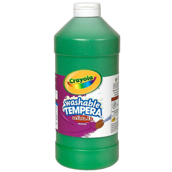 A green bottle of Crayola Artista II Washable Tempera Paint with a green label.