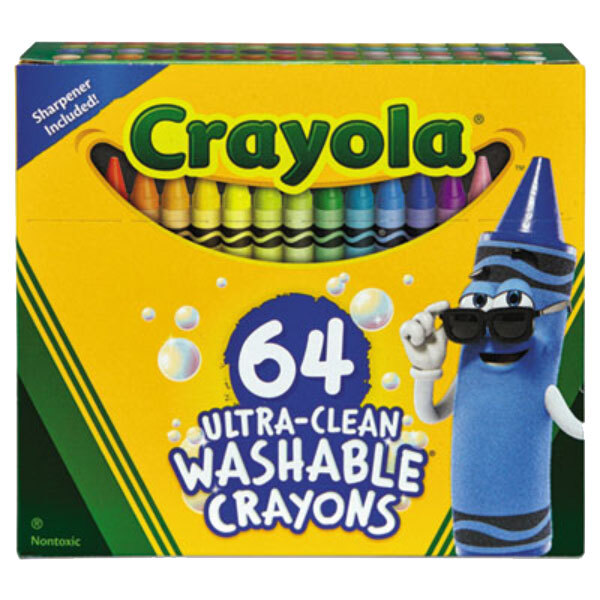 A yellow Crayola box with green and white text containing 64 washable crayons.