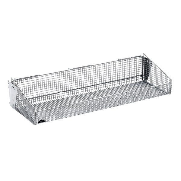 A Metro qwikSIGHT wire mesh basket shelf with mounting brackets.