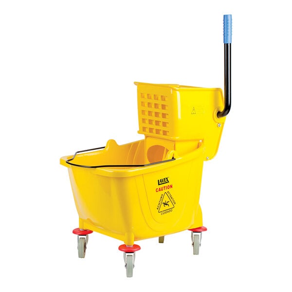 Restaurantware Clean 38 Quart Industrial Mop Bucket, 1 Combo Mop Wringer Bucket - with Side Press Wringer, Built-In Casters, Yellow Plastic
